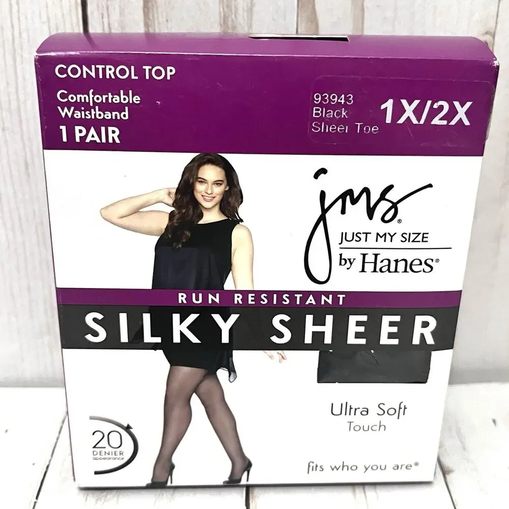 Just My Size Hanes Silky Sheer Run Resistant Control Top Pantyhose 1X/2X (2) Blk